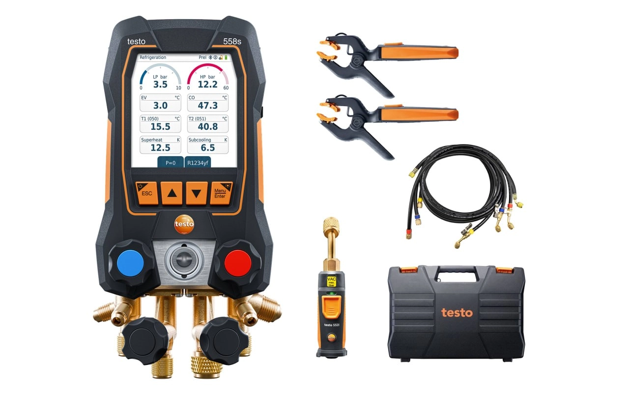 Set analizador de refrigeración testo 558s - Set Smart Bluetooth con vacuómetro, sondas de temperatura y mangueras de llenado